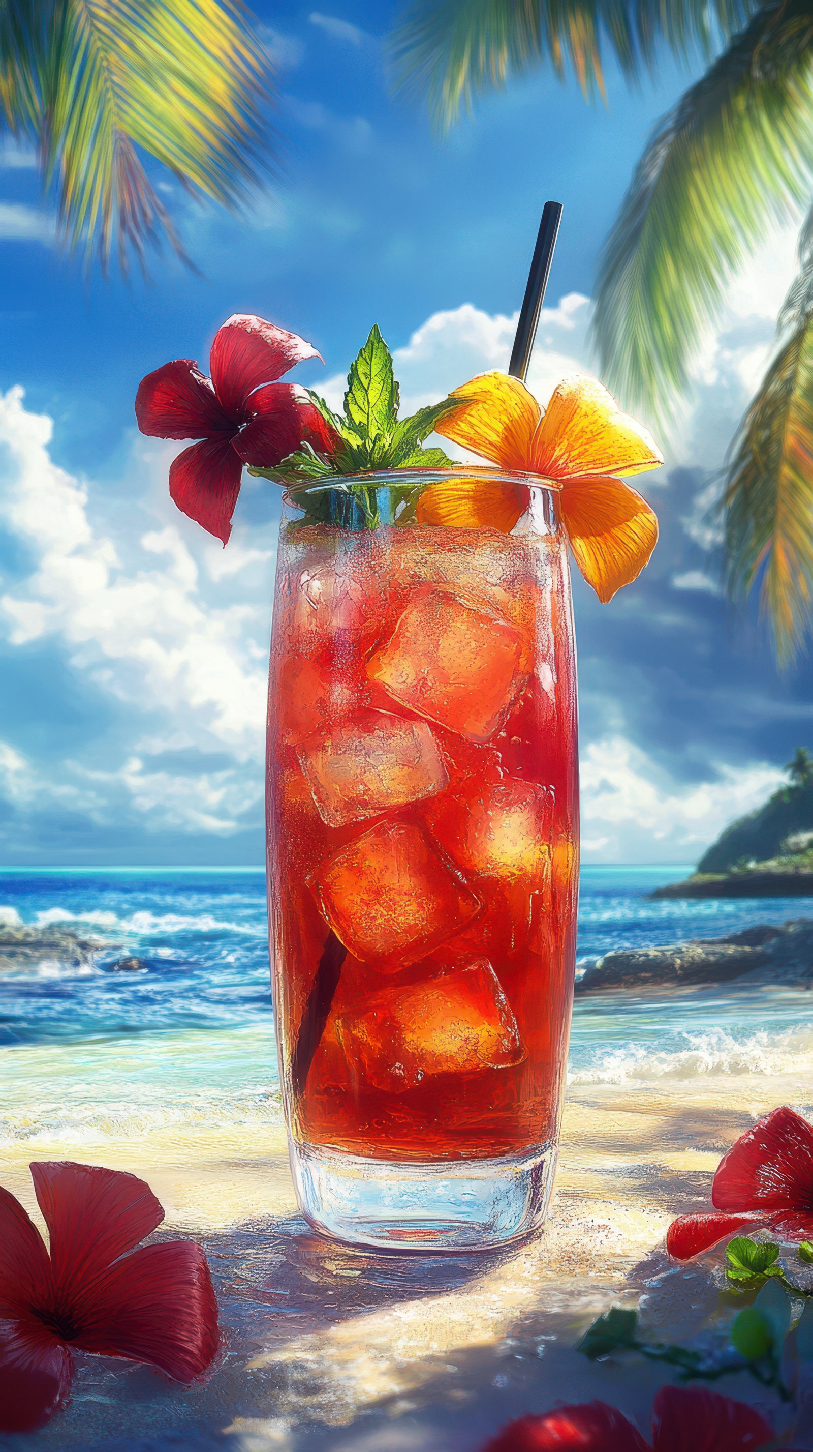Refreshing cocktail served on a tropical beach with vibrant flowers and crystal-clear ocean in bright sunlight